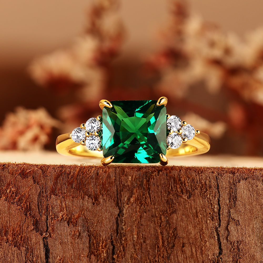 2.69CT Emerald Cut Lab Emerald with Cluster Accents Engagement Ring