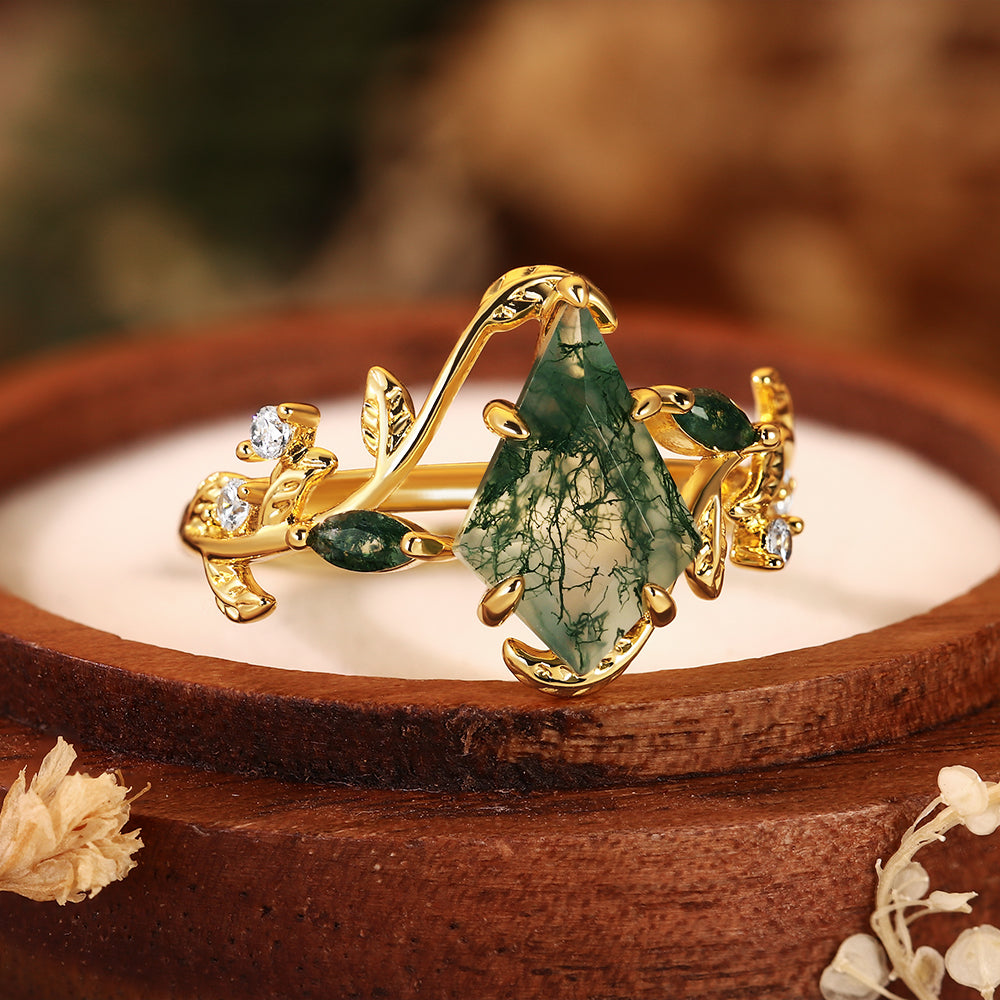 Unique Kite Cut Moss Agate Nature Inspired Vine & Leaf Branch Engagement Ring