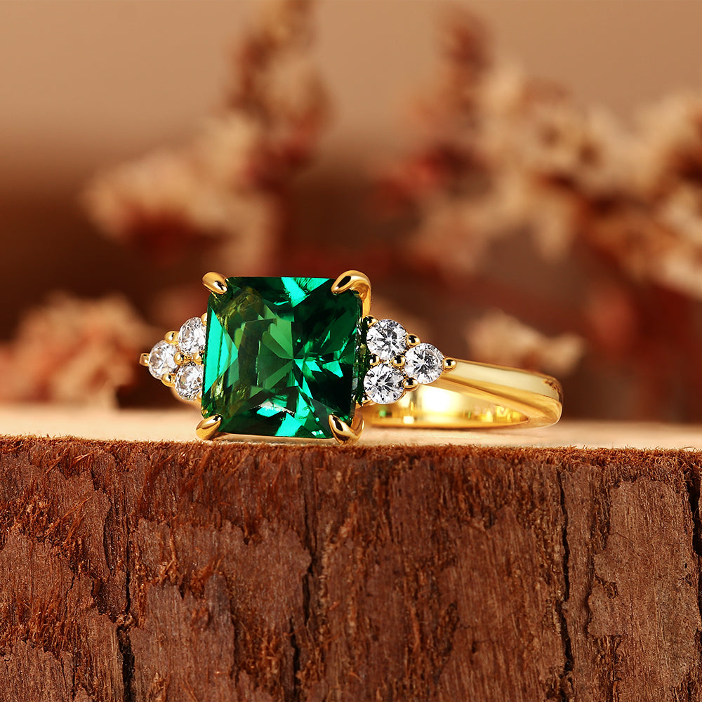 2.69CT Emerald Cut Lab Emerald with Cluster Accents Engagement Ring