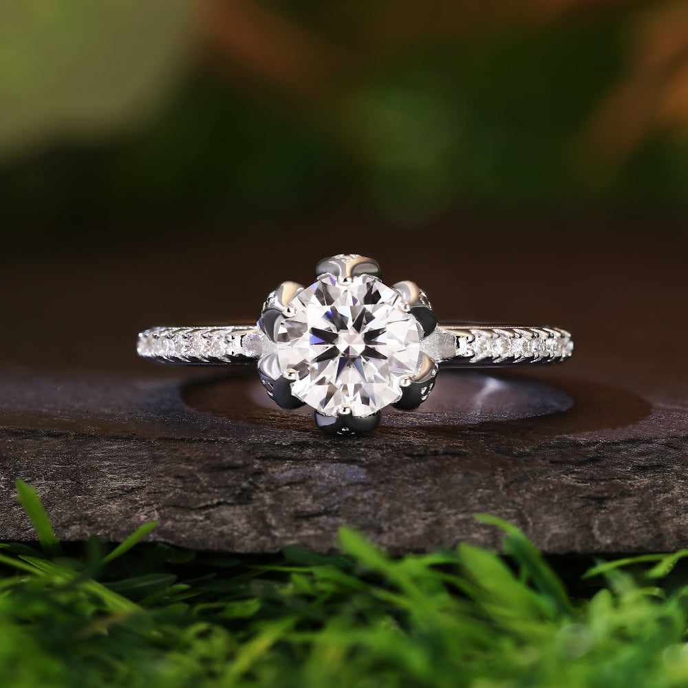 Vintage-Inspired Lotus 1.18CT Round Cut Moissanite Engagement Ring