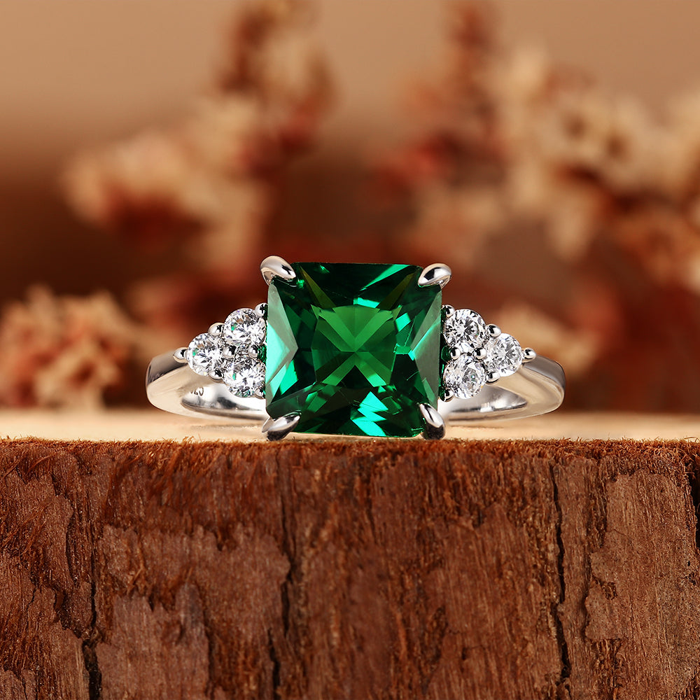 2.69CT Emerald Cut Lab Emerald with Cluster Accents Engagement Ring