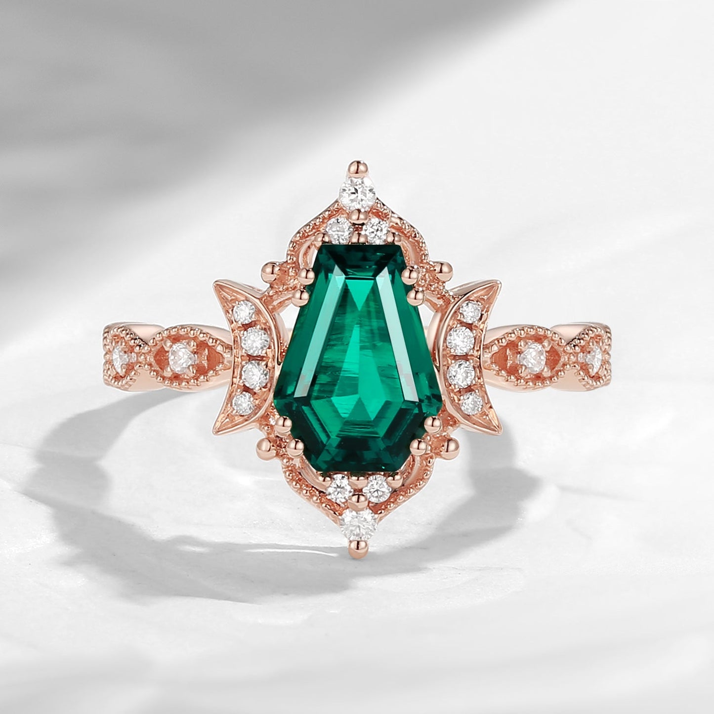 Crescent Moon | Coffin Cut Lab Emerald Ring - Till Death Do Us Part