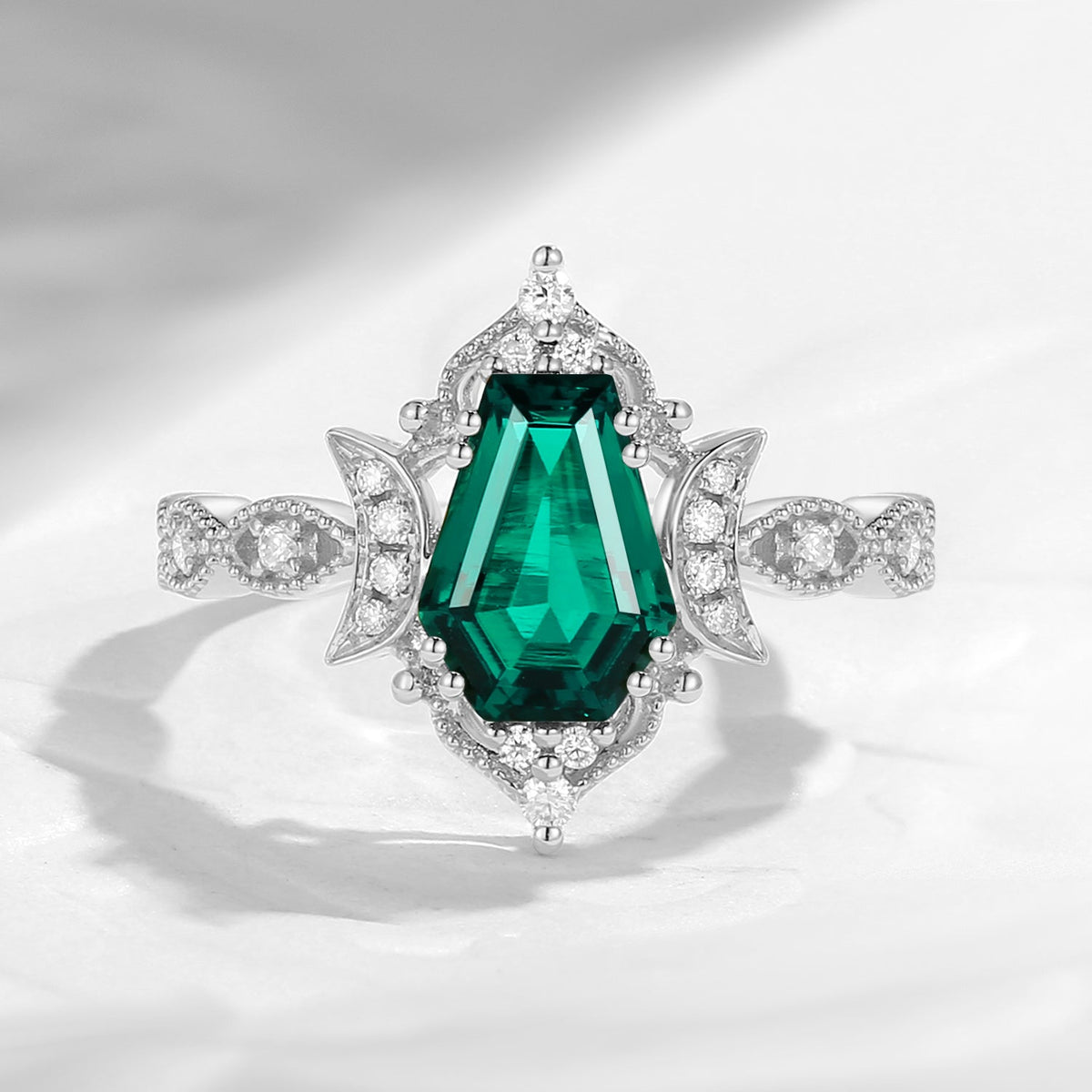 Crescent Moon | Coffin Cut Lab Emerald Ring - Till Death Do Us Part