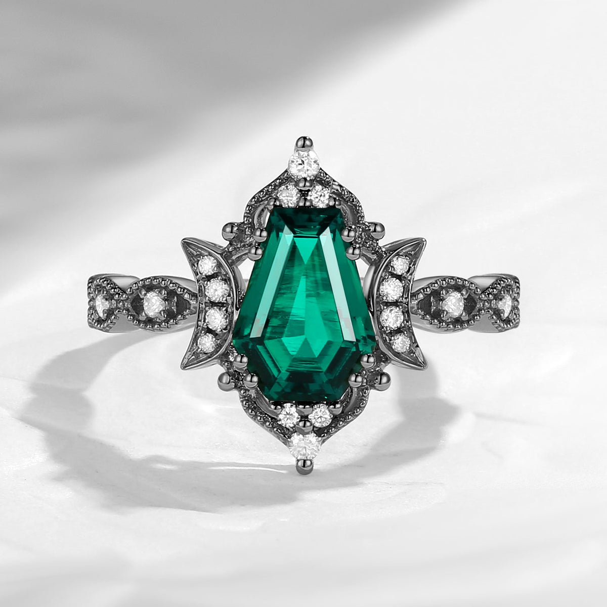 Crescent Moon | Coffin Cut Lab Emerald Ring - Till Death Do Us Part