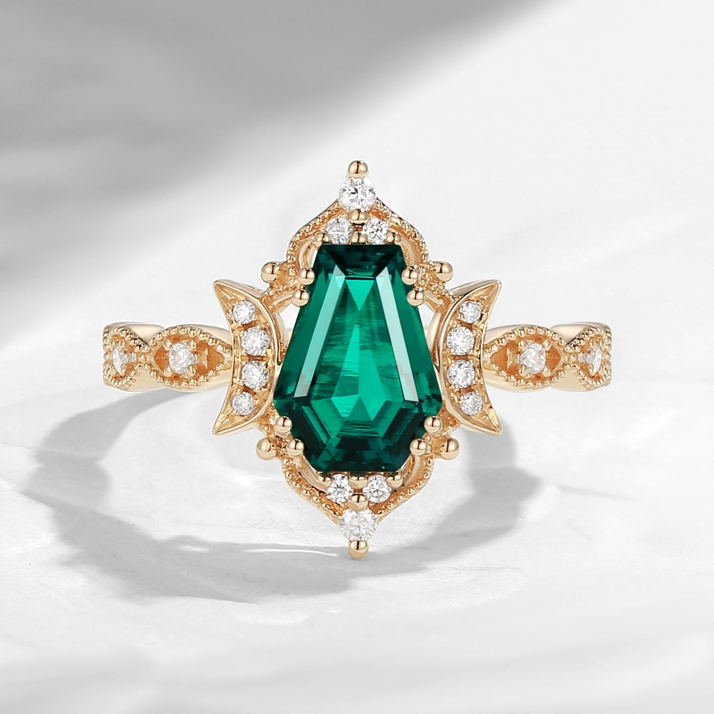 Crescent Moon | Coffin Cut Lab Emerald Ring - Till Death Do Us Part
