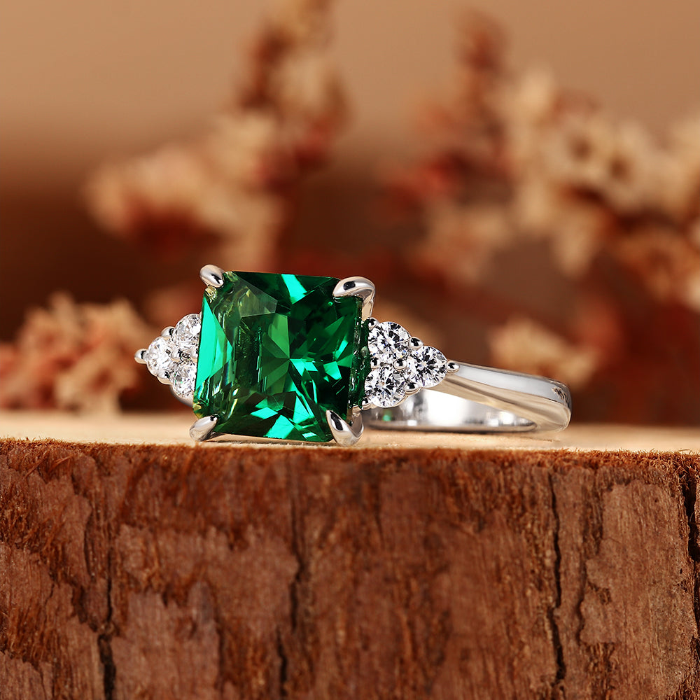 2.69CT Emerald Cut Lab Emerald with Cluster Accents Engagement Ring