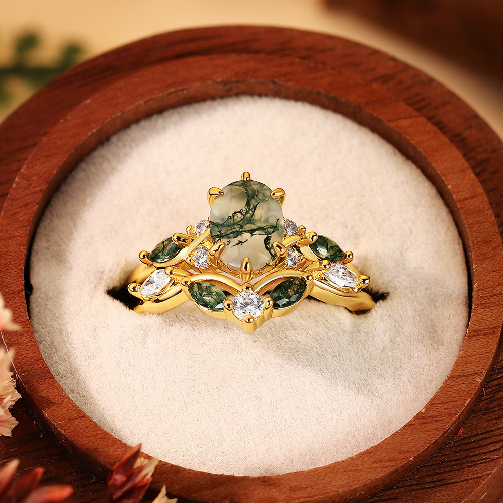Enchanted Forest Moss Agate Ring Set - Handcrafted Leaf & Vine Bridal Set - Whimsical Nature-Inspired Gold Jewelry Gift for Her