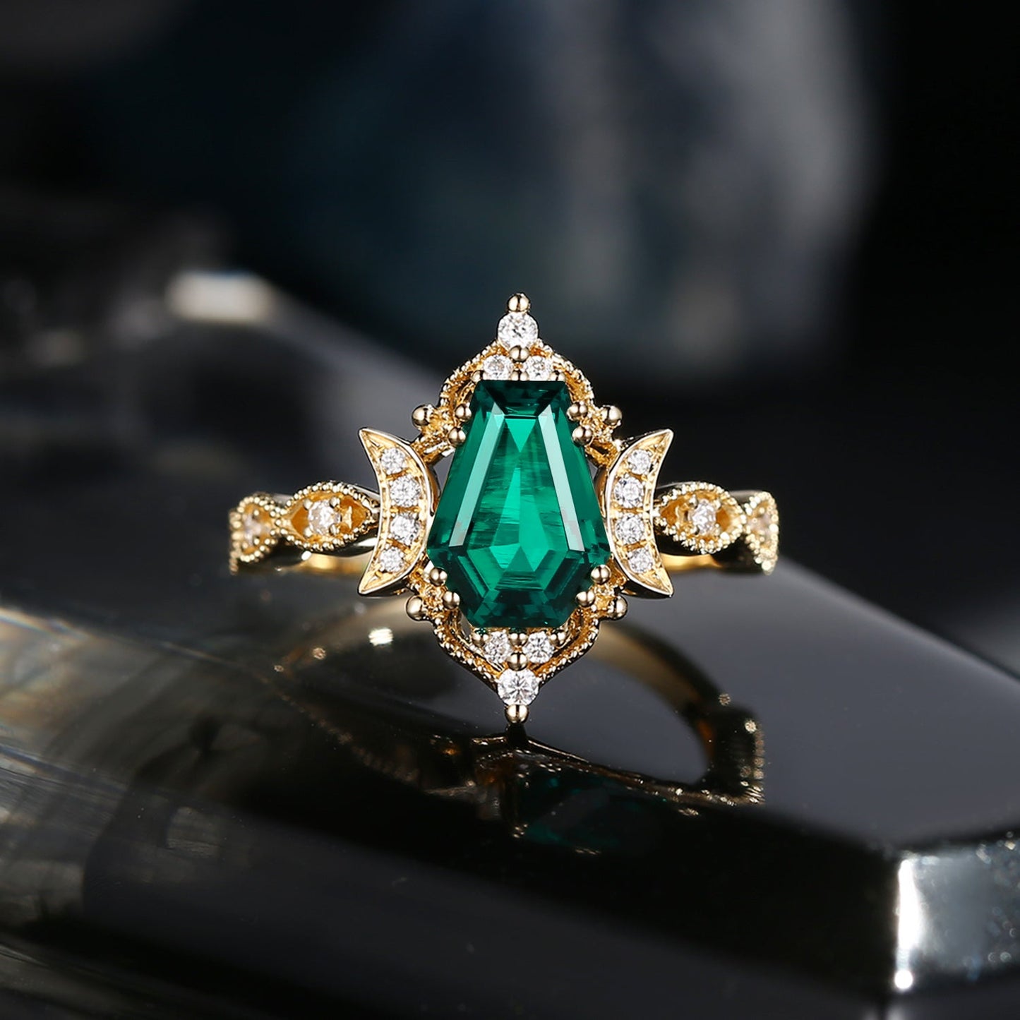 Crescent Moon | Coffin Cut Lab Emerald Ring - Till Death Do Us Part