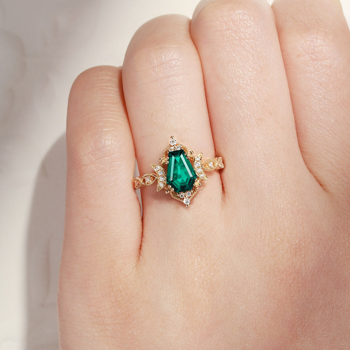 Crescent Moon | Coffin Cut Lab Emerald Ring - Till Death Do Us Part