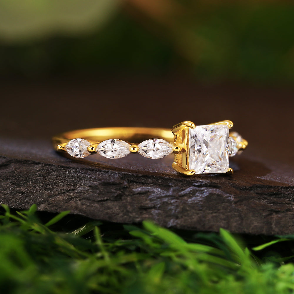 1.1CT Princess Cut Moissanite Engagement Ring with Marquise Side Stones