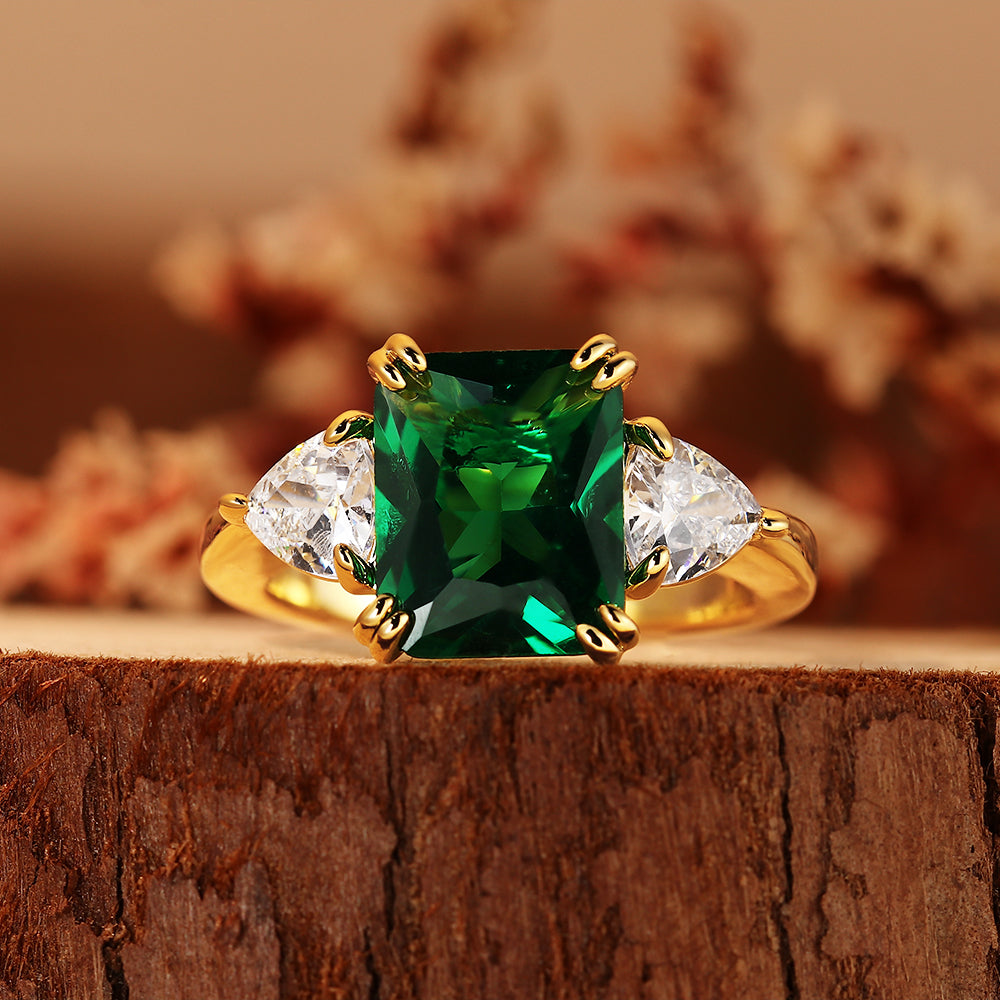 4.14CT Emerald Cut Lab Emerald Three Stone with Trillion Side Stones Ring