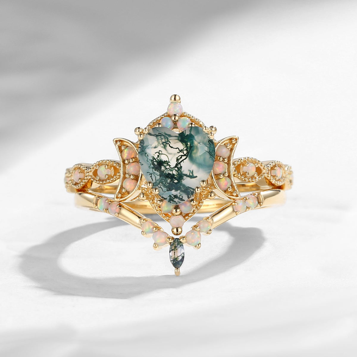 Crescent Moon | 18K Heart Shaped Moss Agate & Natural Opal Engagement Ring Set 2pcs - Luna