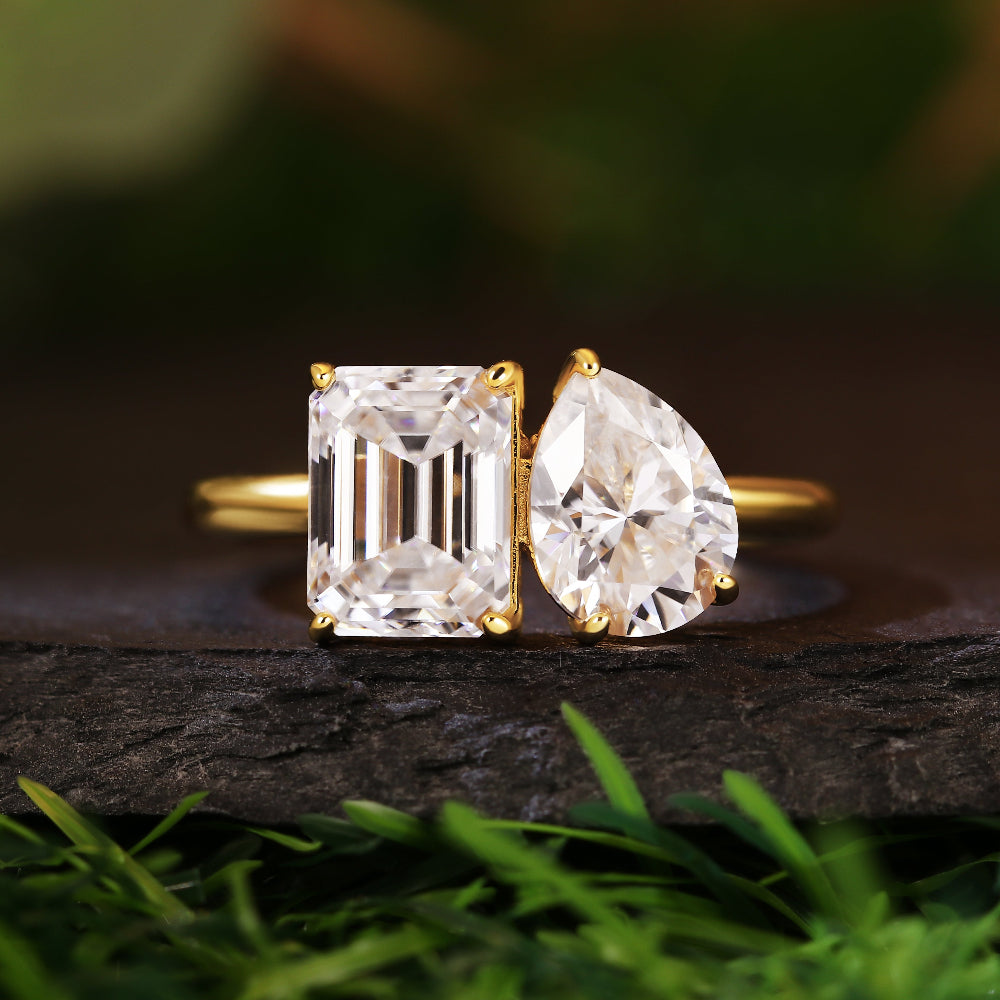 3.13CT Emerald and Pear Cut Toi et Moi Moissanite Engagement Ring