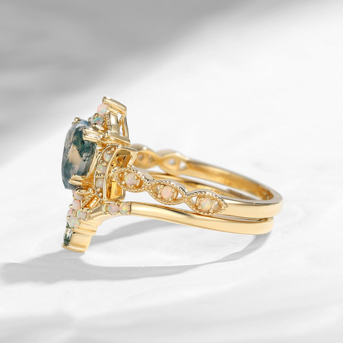 Crescent Moon | 18K Heart Shaped Moss Agate & Natural Opal Engagement Ring Set 2pcs - Luna