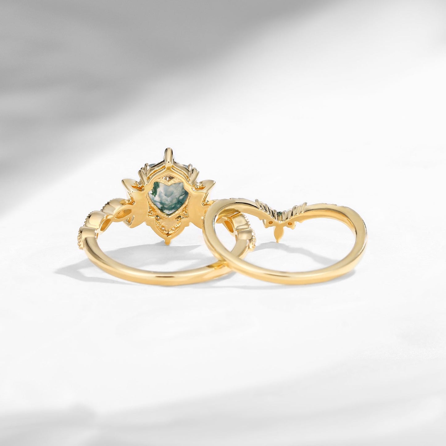 Crescent Moon | 18K Heart Shaped Moss Agate & Natural Opal Engagement Ring Set 2pcs - Luna