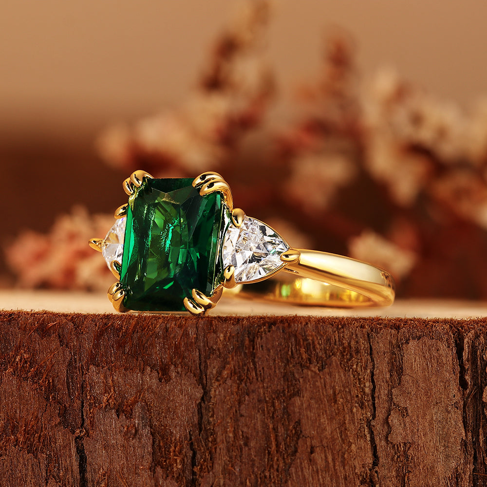 4.14CT Emerald Cut Lab Emerald Three Stone with Trillion Side Stones Ring