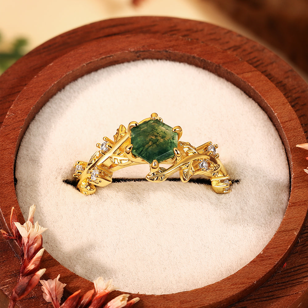 Forest Fairy Hexagon Moss Agate Ring Handcrafted Gold Vine and Leaf Nature Inspired Jewelry
