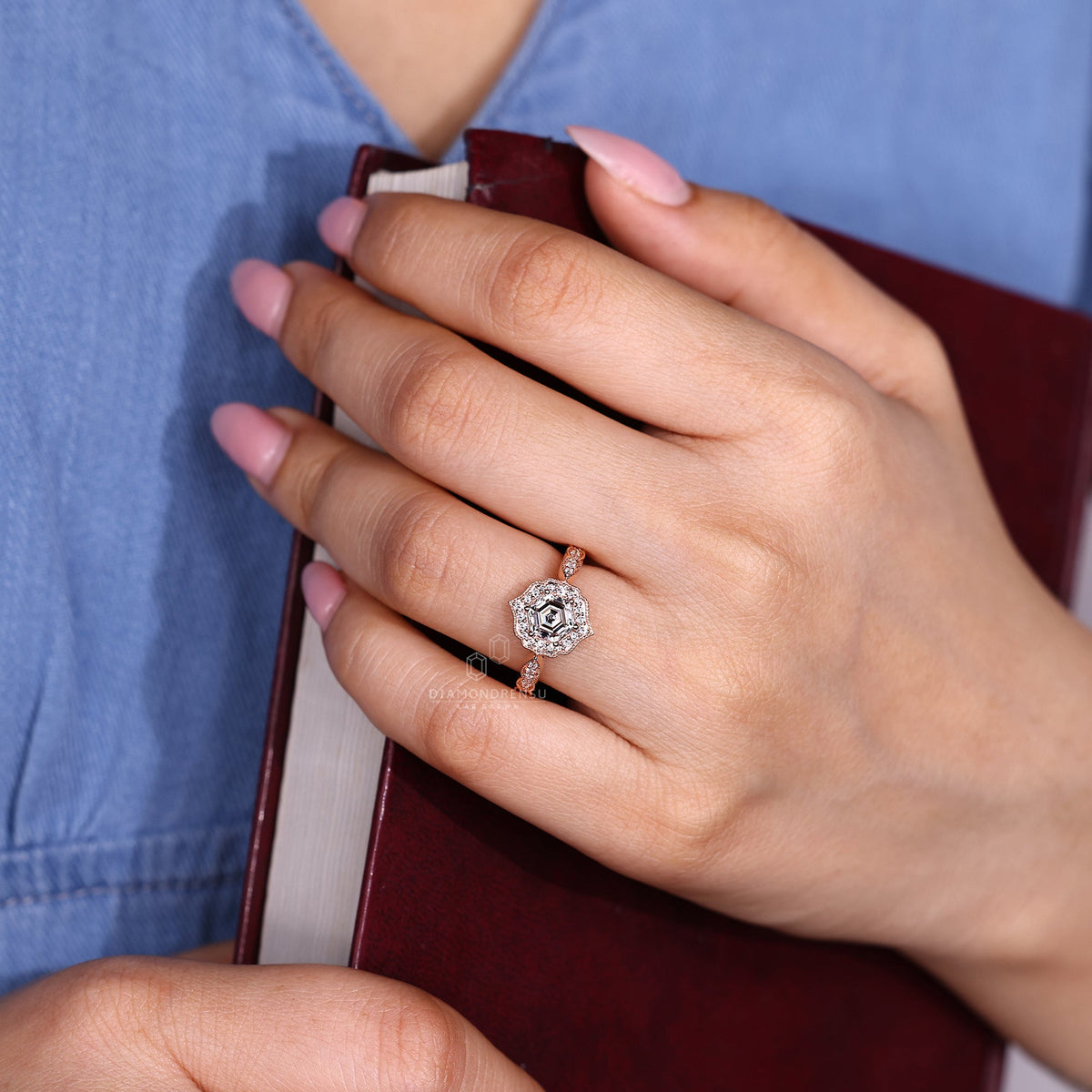 Hexagon Diamond Ring in Halo Setting