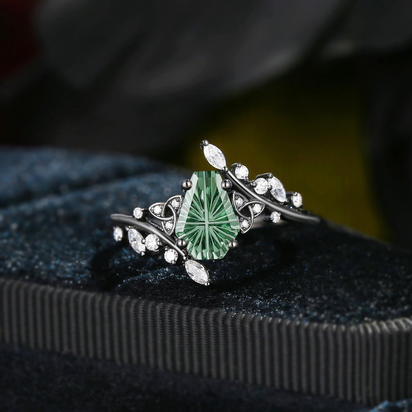 Celtic Ring - Nature Inspired Fantasy Cut Coffin Lab Green Sapphire Engagement Ring with Leafy Detailing