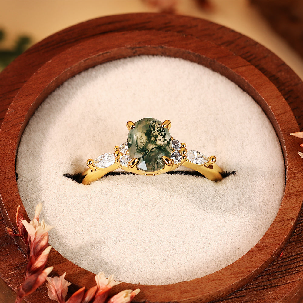 Vintage 6*8mm Oval Moss Agate Engagement Ring with Marquise Cluster Side Stones