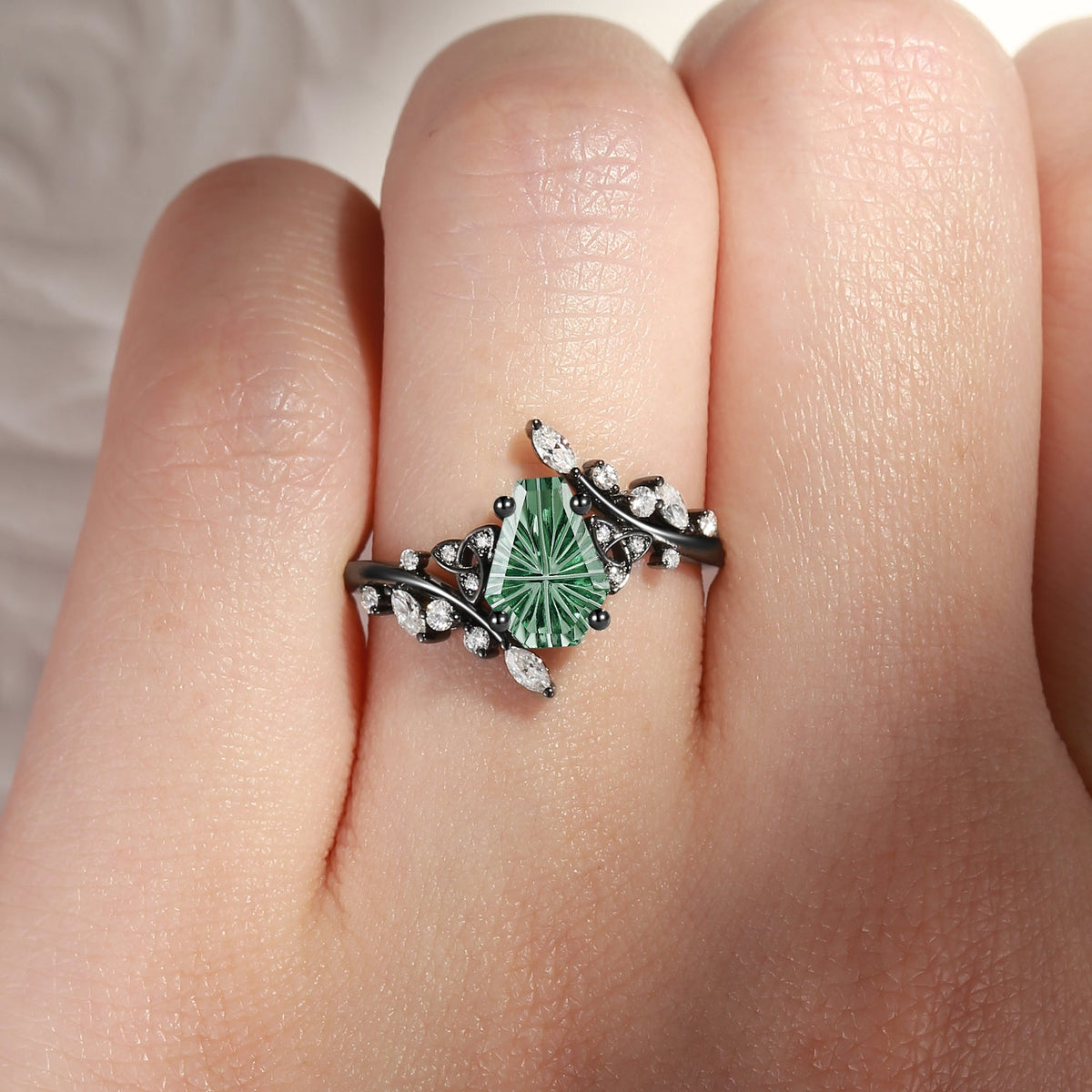 Celtic Ring - Nature Inspired Fantasy Cut Coffin Lab Green Sapphire Engagement Ring with Leafy Detailing