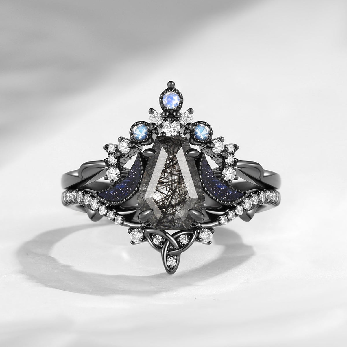 Celtic Moon 'Celestial Moon' - Coffin Cut Black Rutilated Quartz Celtic Engagement Ring Set
