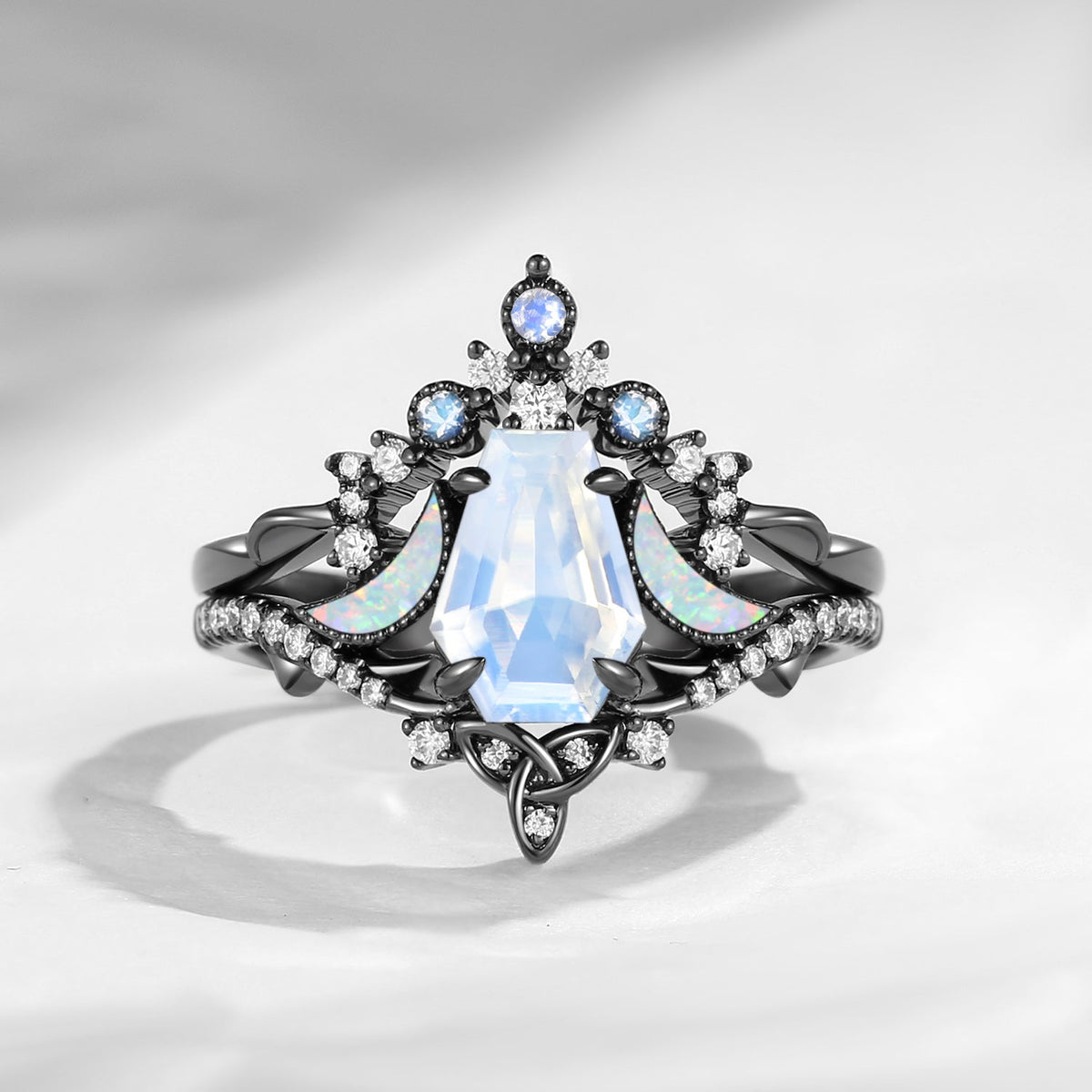 Celtic Moon 'Celestial Moon' - Vintage Inspired Coffin Cut Moonstone & Opal Celtic Engagement Ring Set