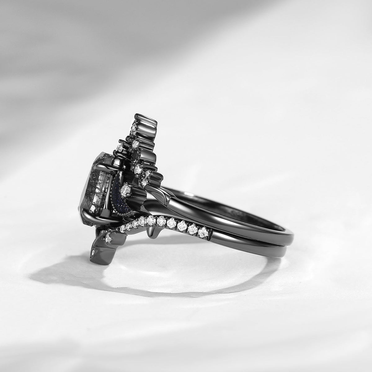 Celtic Moon 'Celestial Moon' - Coffin Cut Black Rutilated Quartz Celtic Engagement Ring Set