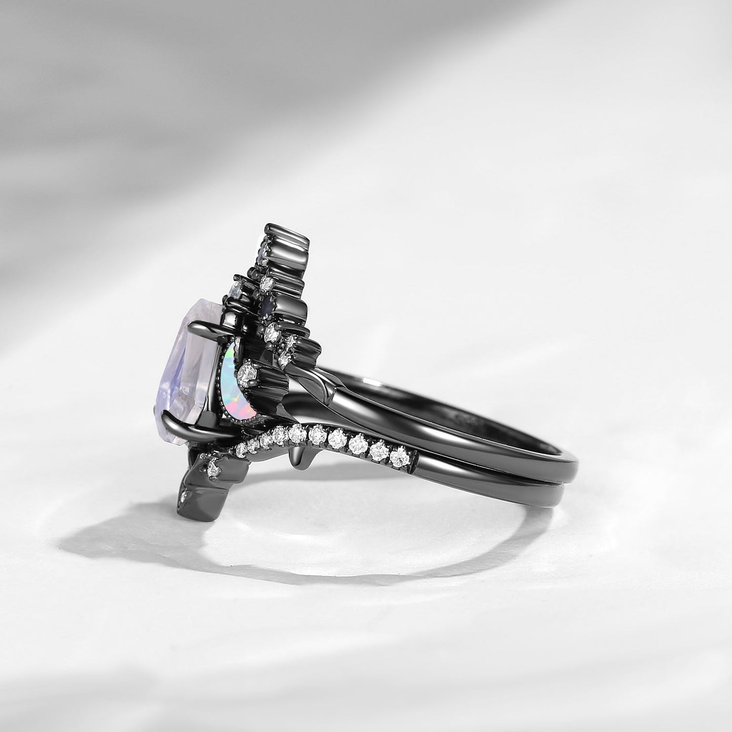 Celtic Moon 'Celestial Moon' - Vintage Inspired Coffin Cut Moonstone & Opal Celtic Engagement Ring Set