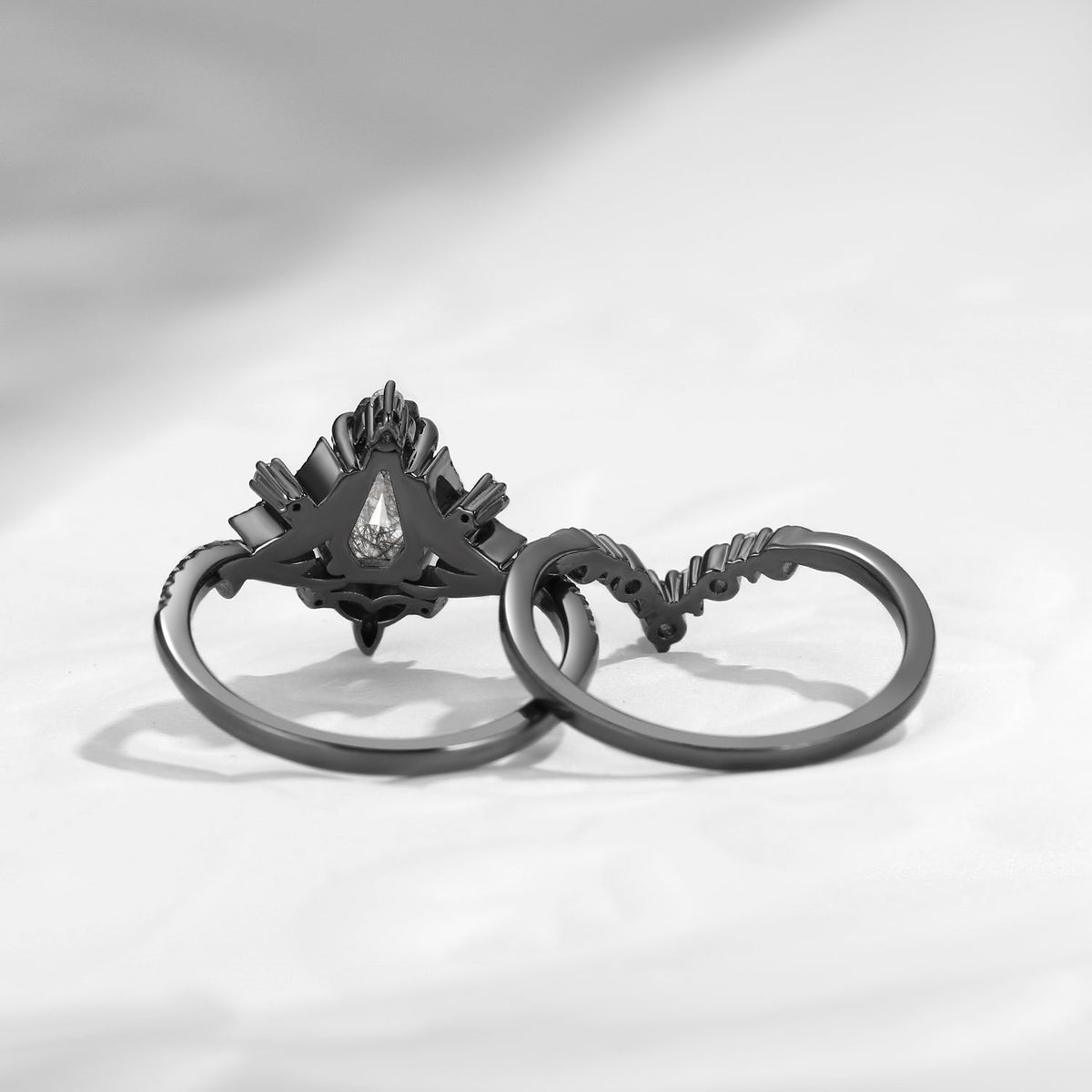 Celtic Moon 'Celestial Moon' - Coffin Cut Black Rutilated Quartz Celtic Engagement Ring Set
