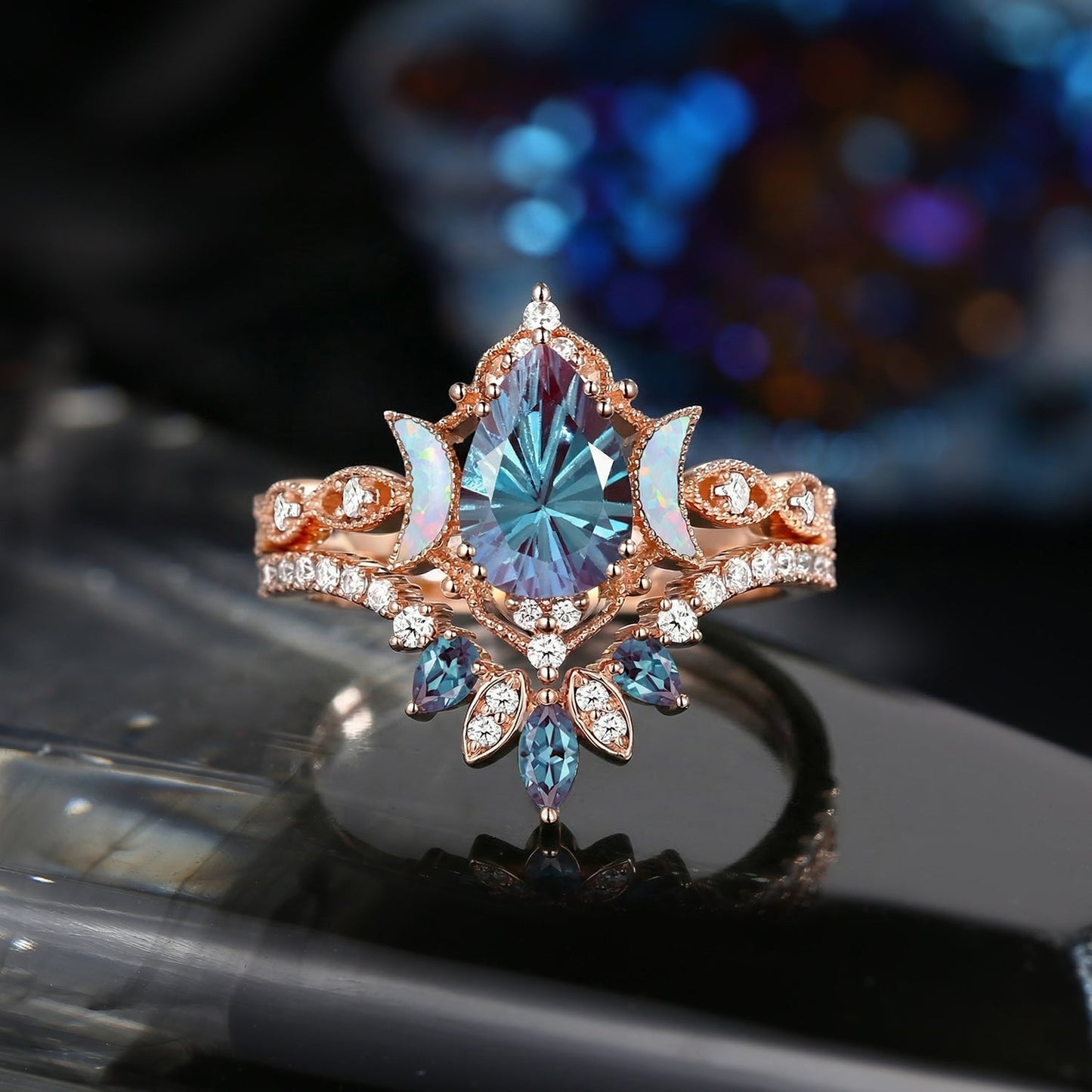 'Ultra Galaxy' - Firework Cut Pear  Lab Alexandrite Engagement Ring Set