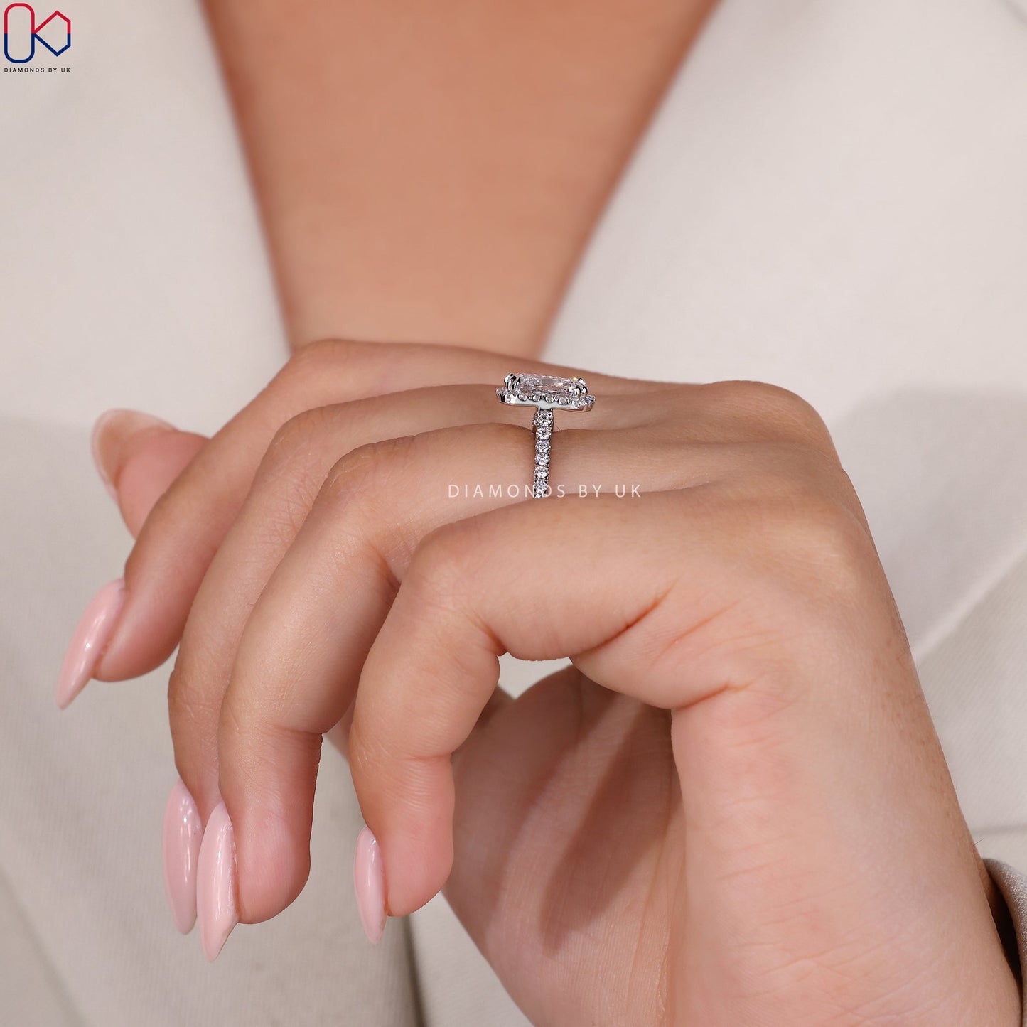 Elongated Cushion Cut Diamond Ring In White Gold