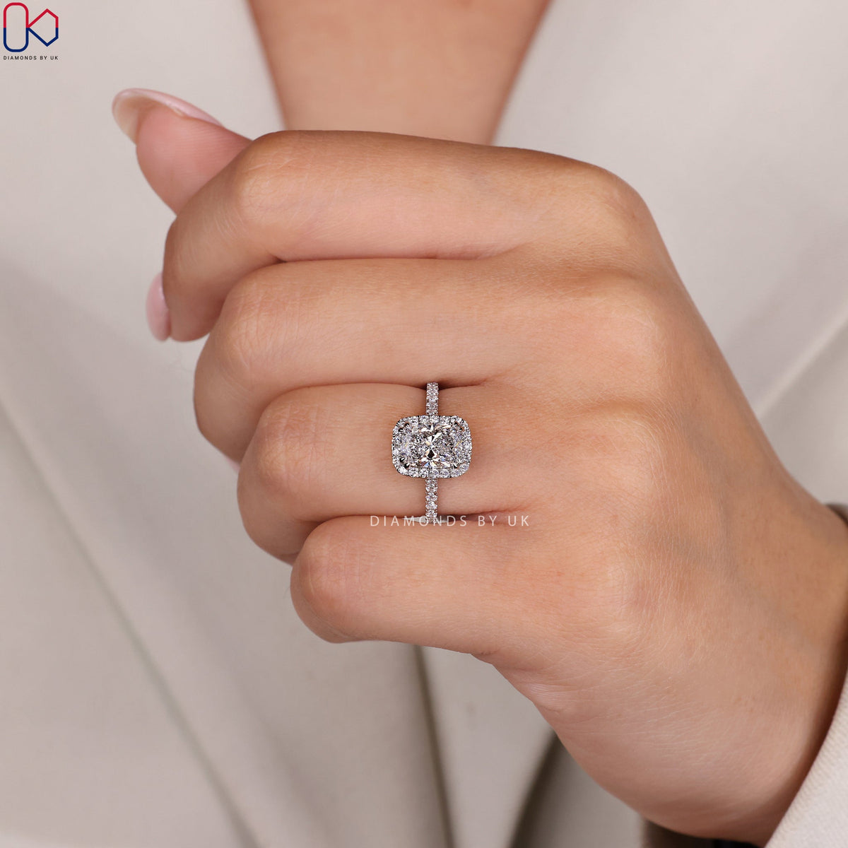 Elongated Cushion Cut Diamond Ring In White Gold