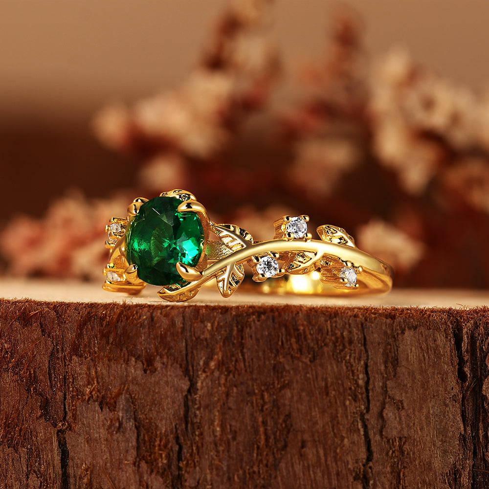 Nature Inspired Tree Branch 0.9CT Round Cut Lab Emerald Vine Leaf Engagement Ring