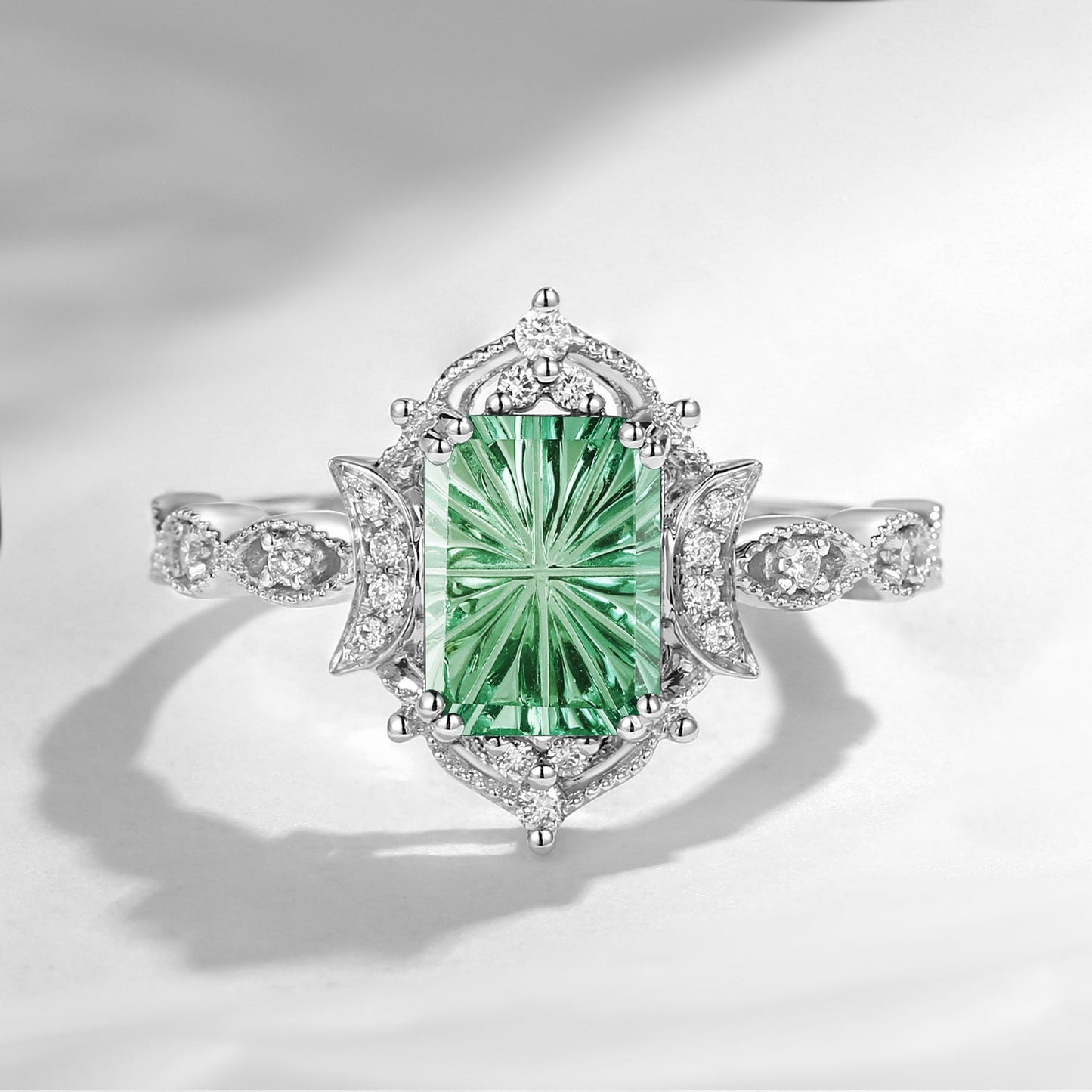 Crescent Moon | Art Deco Fantasy Carved Emerald Cut Lab Green Sapphire Engagement Ring
