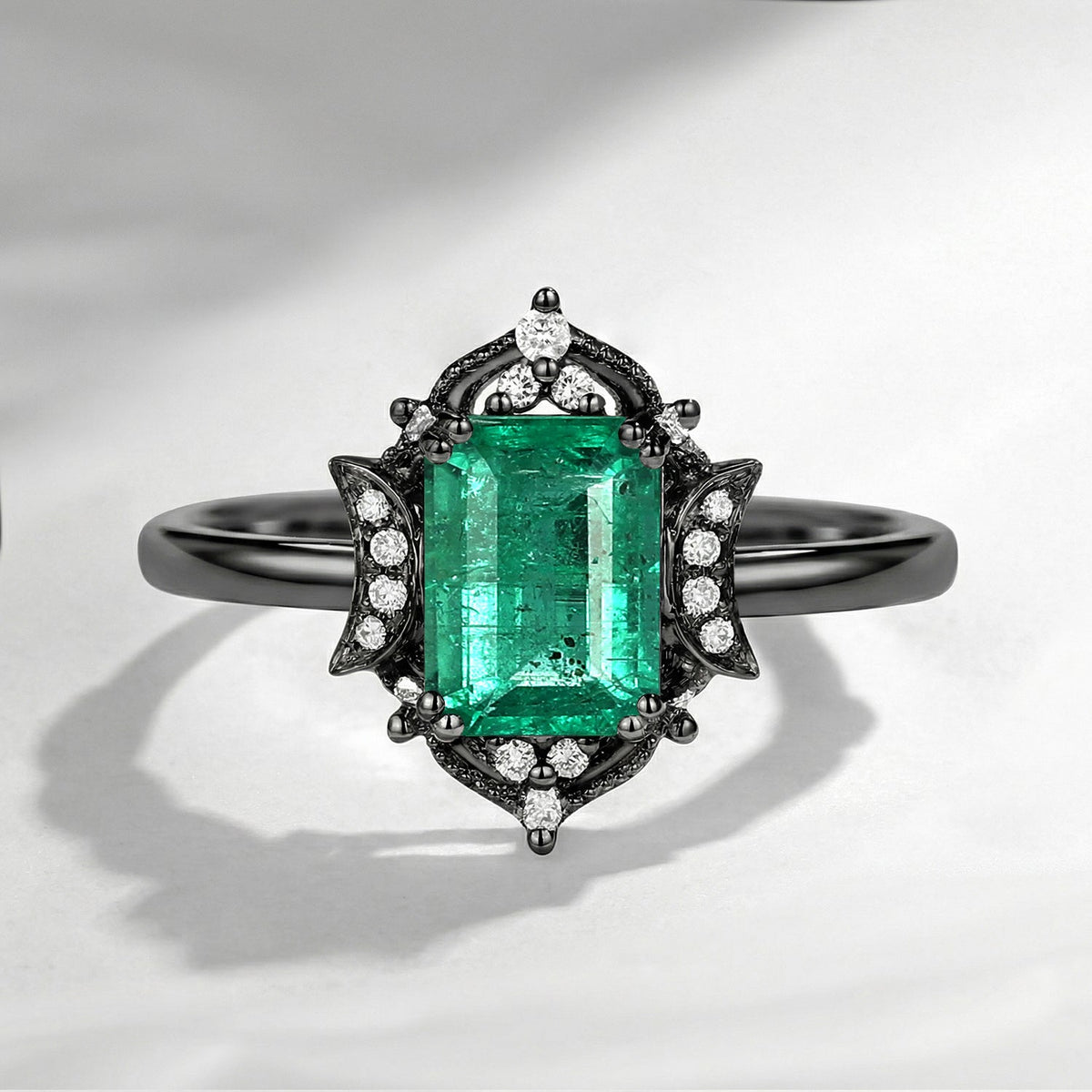 Crescent Moon | Vintage Style Emerald Cut Natural Emerald Moon Engagement Ring