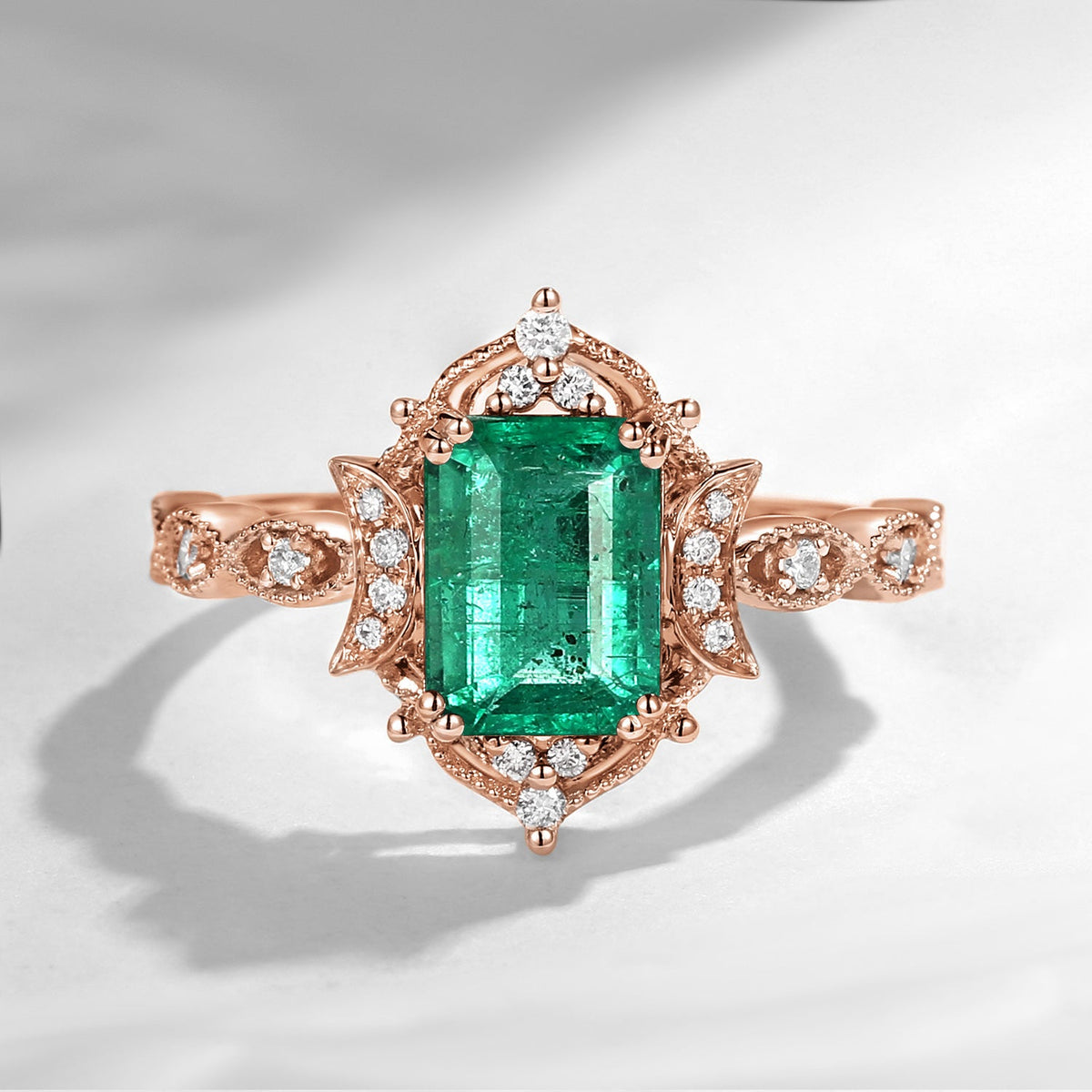 Crescent Moon | Vintage Inspired Art Deco Emerald Cut Natural Emerald Engagement Ring