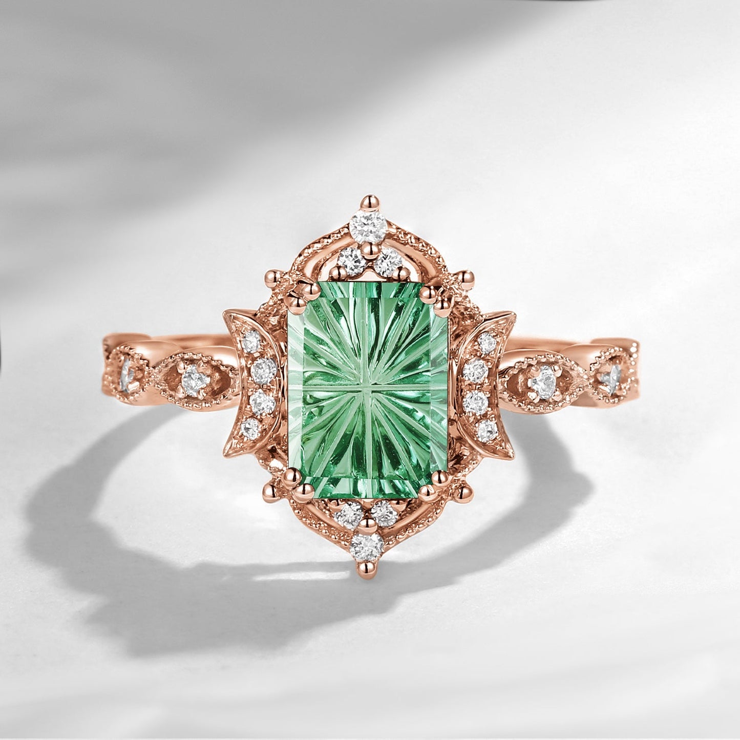 Crescent Moon | Art Deco Fantasy Carved Emerald Cut Lab Green Sapphire Engagement Ring