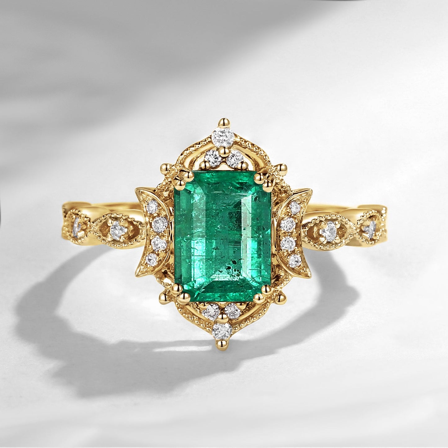 Crescent Moon | Vintage Inspired Art Deco Emerald Cut Natural Emerald Engagement Ring