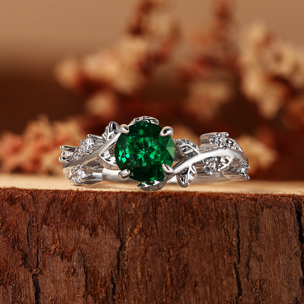 Nature Inspired Tree Branch 0.9CT Round Cut Lab Emerald Vine Leaf Engagement Ring