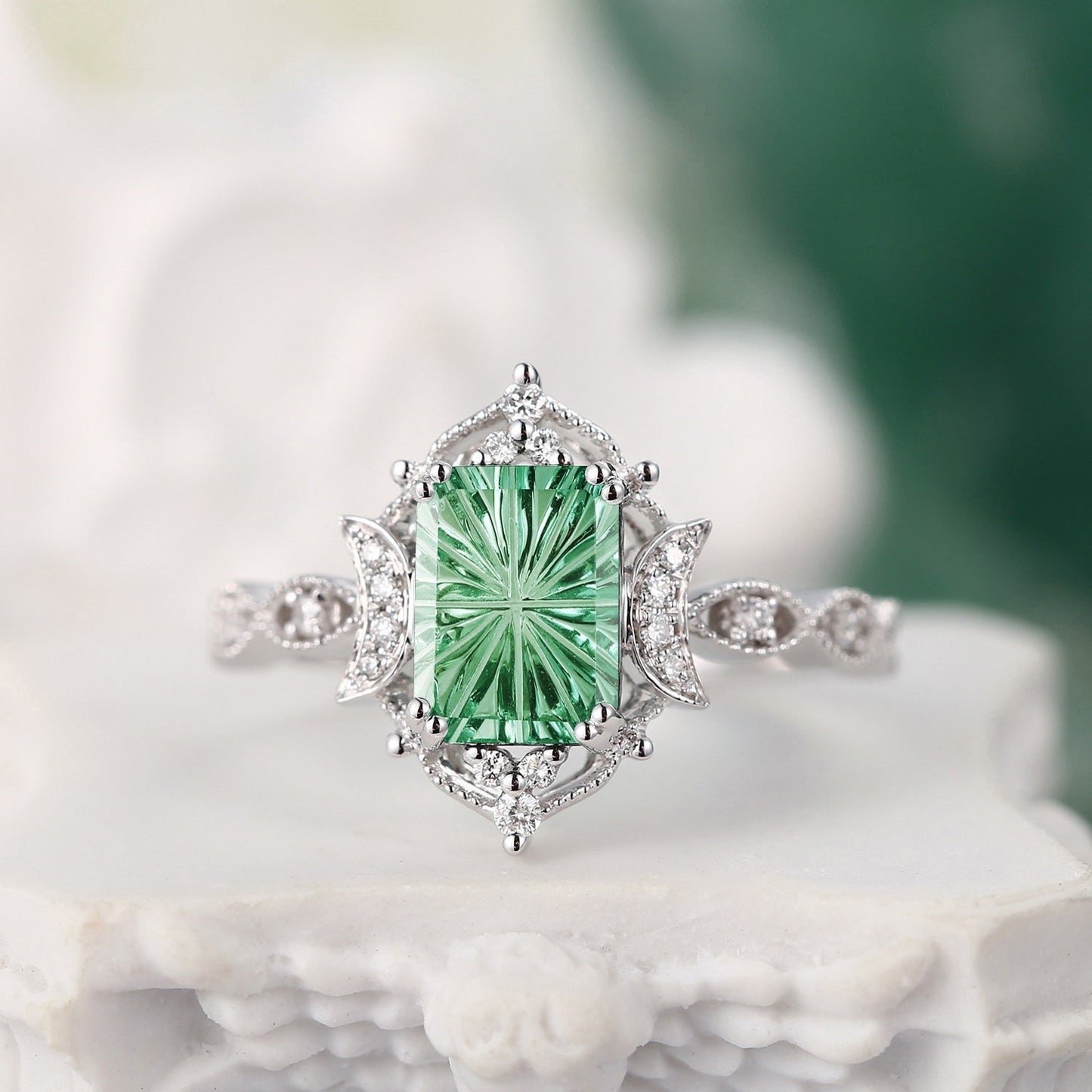 Crescent Moon | Art Deco Fantasy Carved Emerald Cut Lab Green Sapphire Engagement Ring