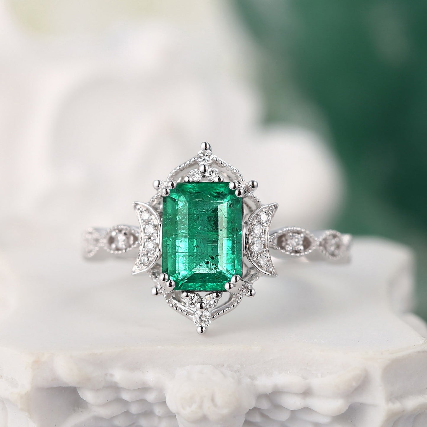 Crescent Moon | Vintage Inspired Art Deco Emerald Cut Natural Emerald Engagement Ring