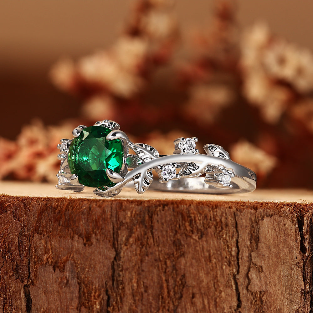 Nature Inspired Tree Branch 0.9CT Round Cut Lab Emerald Vine Leaf Engagement Ring