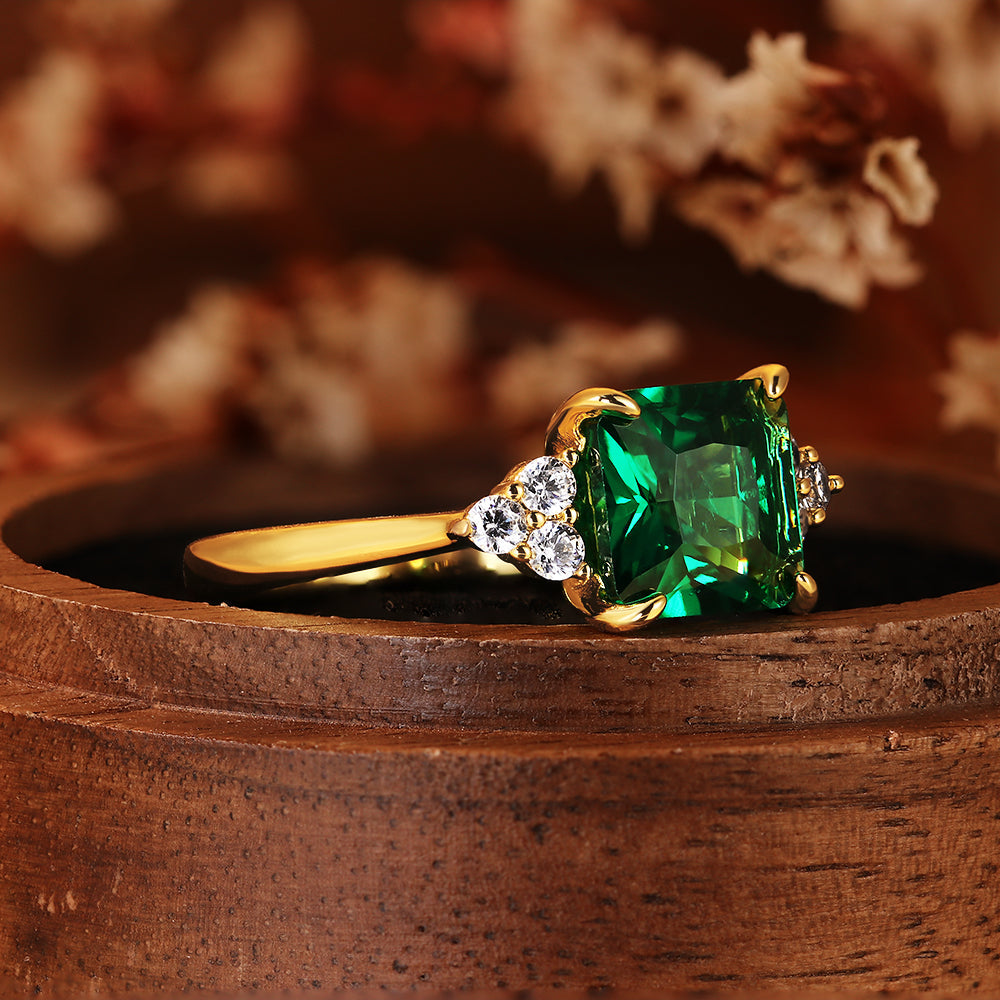 2.69CT Emerald Cut Lab Emerald with Cluster Accents Engagement Ring