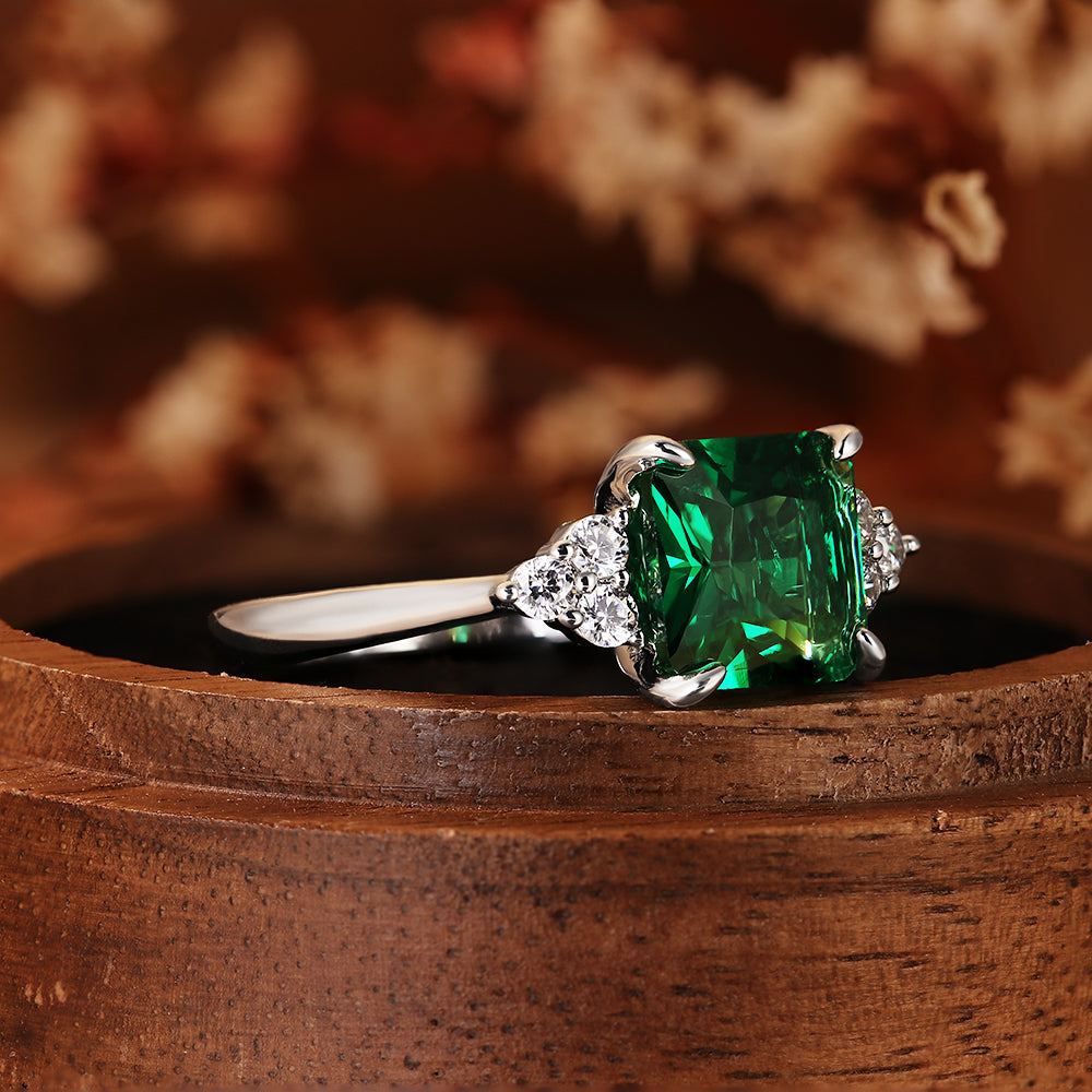 2.69CT Emerald Cut Lab Emerald with Cluster Accents Engagement Ring