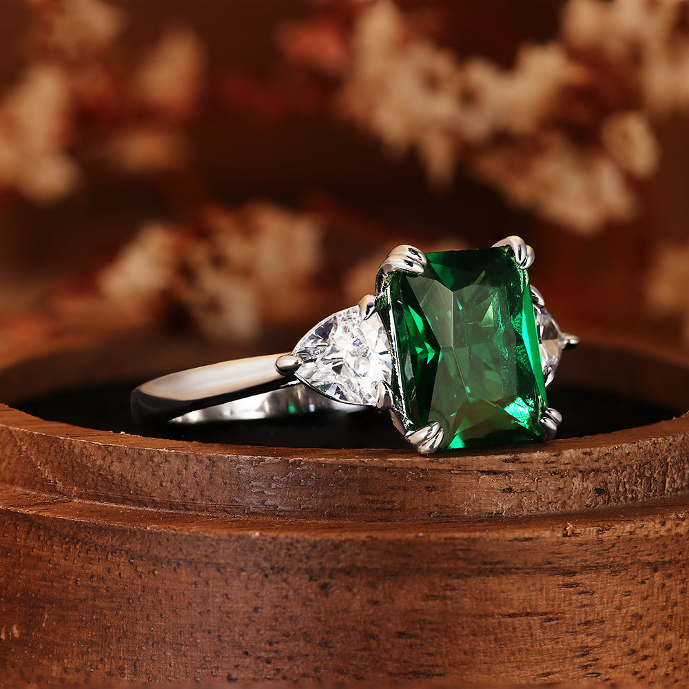 4.14CT Emerald Cut Lab Emerald Three Stone with Trillion Side Stones Ring