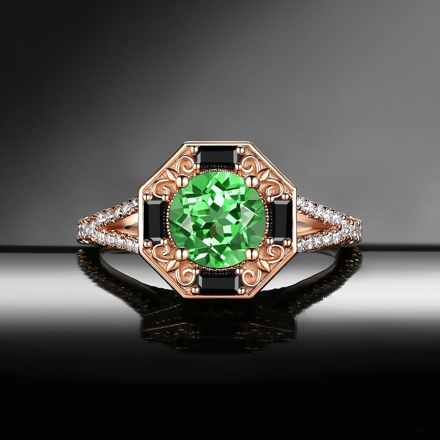Art Deco Round Cut Lab Tsavorite 'Fallen Aegis' Filigree Hexagon Gold Split Engagement Ring