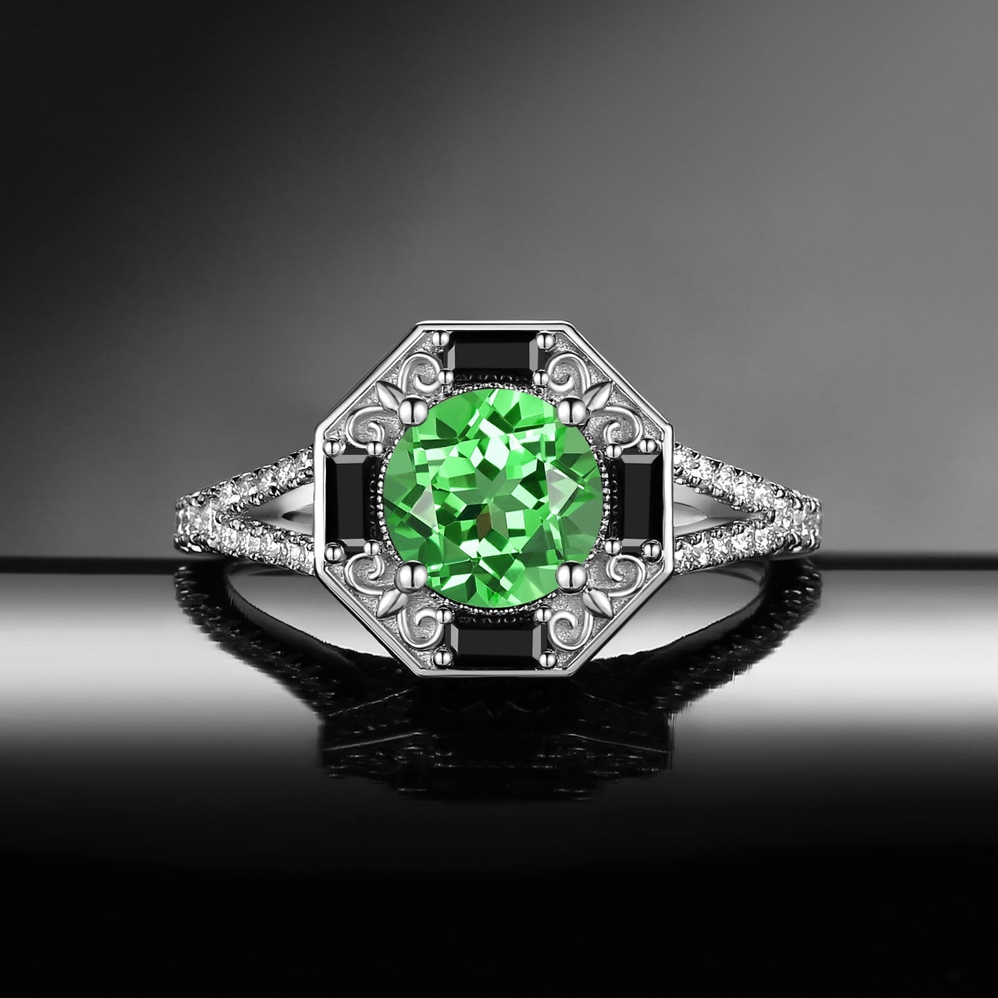 Art Deco Round Cut Lab Tsavorite 'Fallen Aegis' Filigree Hexagon Gold Split Engagement Ring