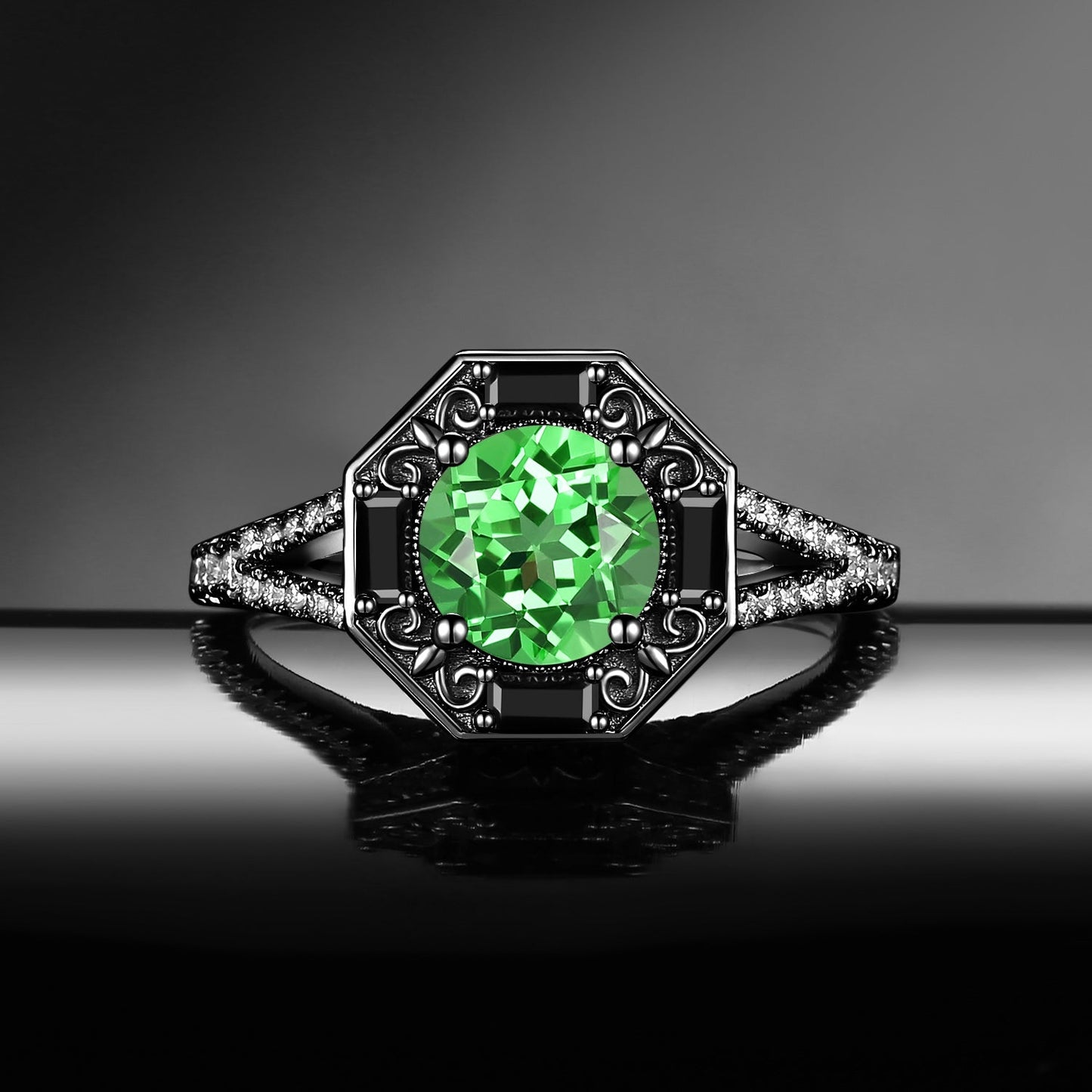 Art Deco Round Cut Lab Tsavorite 'Fallen Aegis' Filigree Hexagon Gold Split Engagement Ring
