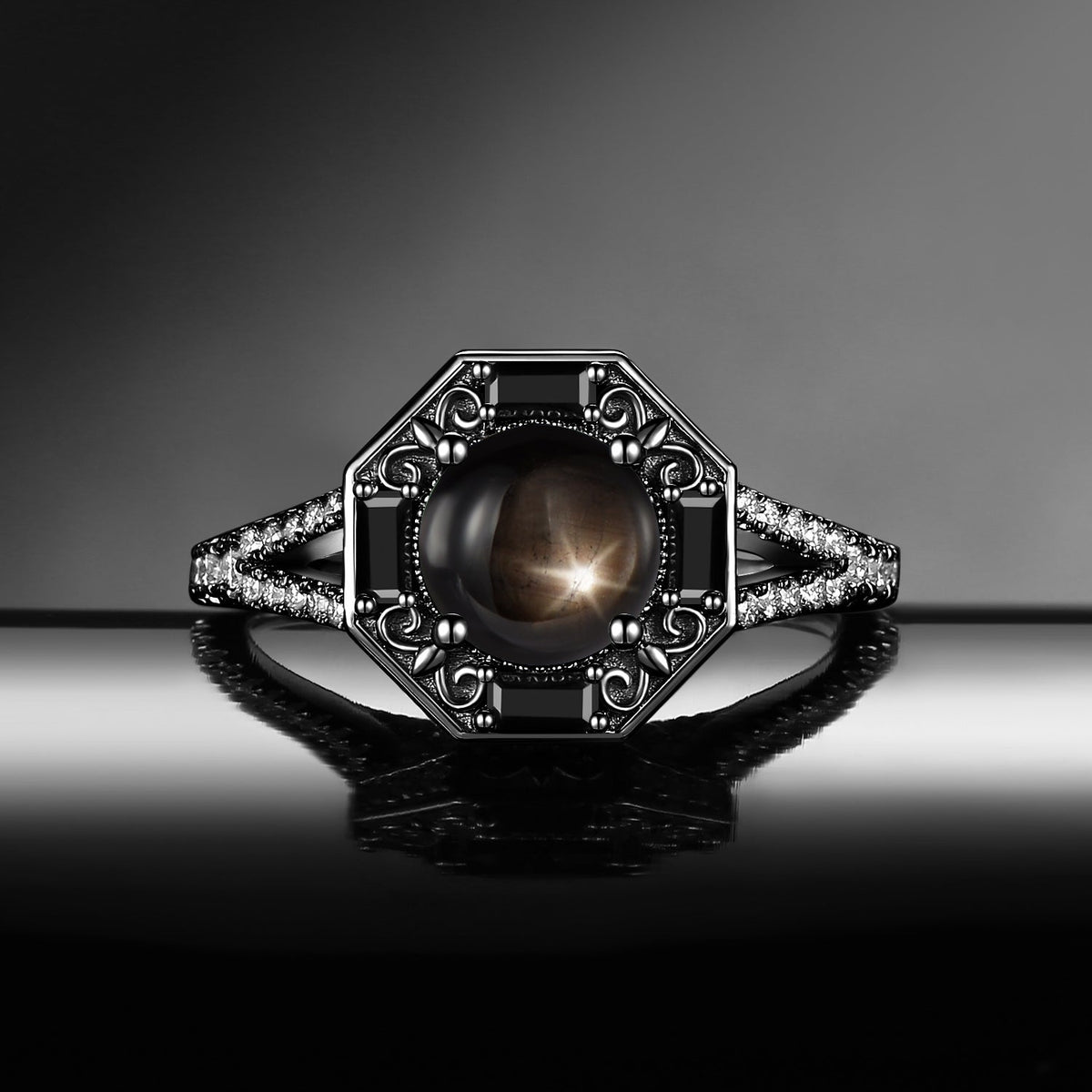 Unique Gothic Style Round Natural Star Sapphire 'Fallen Aegis' Filigree Hexagon White Gold Split Engagement Ring